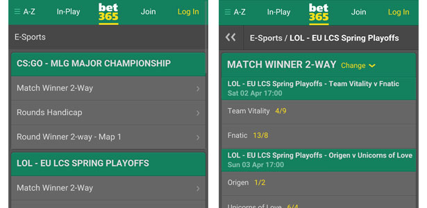 bet365 e-sports betting on mobile