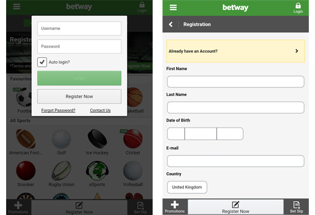 betway android app login and registration screens